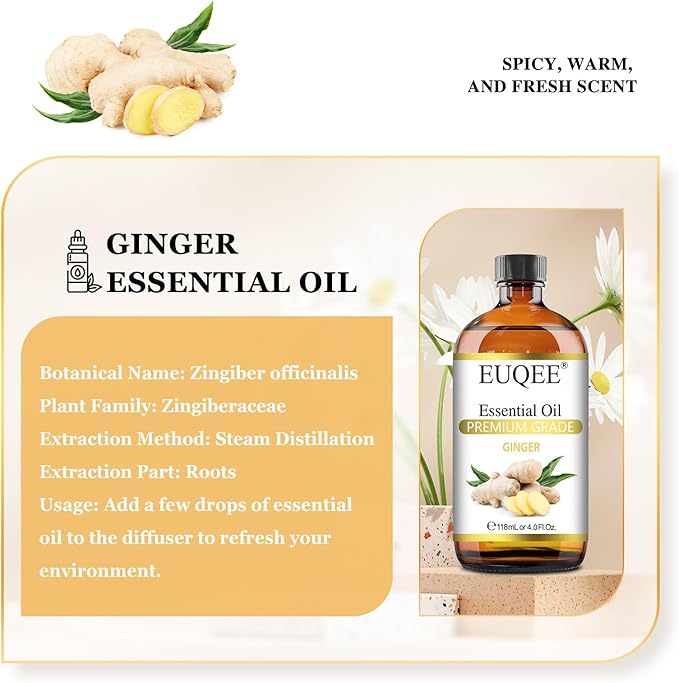Ginger Essential Oil 118mL Pure Ginger Oil, Large Bottle Premium Essential Oil with Glass Dropper for Diffuser, Candle Making, DIY Soap - 4fl. oz