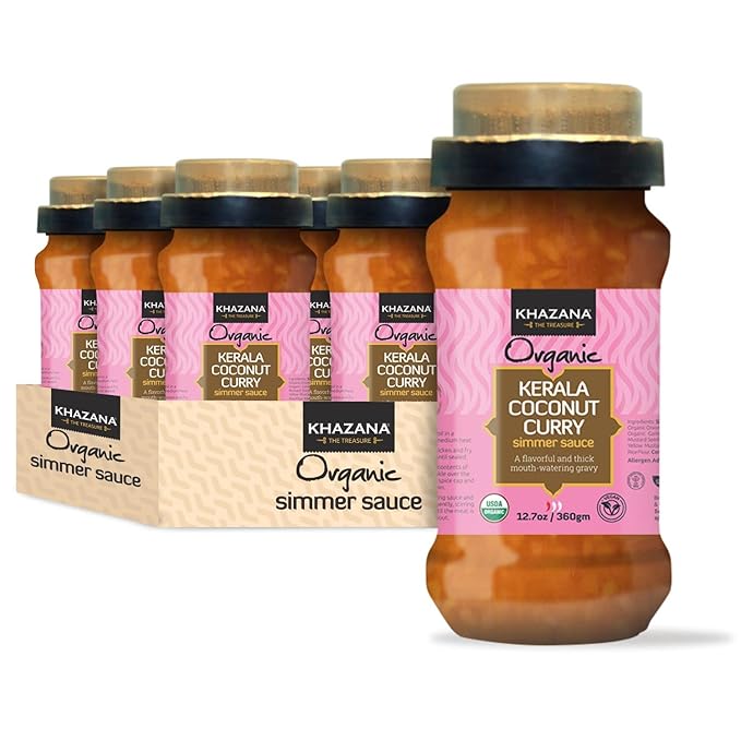 Khazana ORGANIC Kerala Coconut Curry Indian Simmer Sauce - 6 x 12.7oz Jars | Non-GMO, Vegan, Gluten Free, Kosher | Authentic Indian Meals Made Easy at Home!