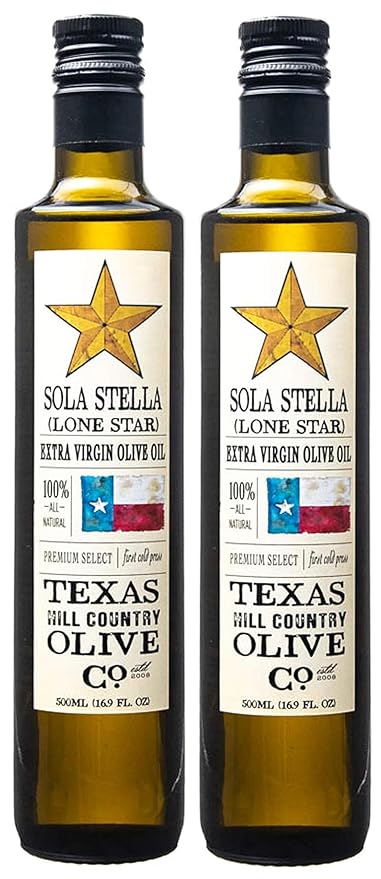 Sola Stella Extra Virgin Olive Oil - Cold Pressed Gourmet EVOO Olive Oil - Uniquely Smooth & Buttery - Perfect for Cooking Baking & Finishing - Award Winning & Made in Texas (16.9 oz, 2 Pack)