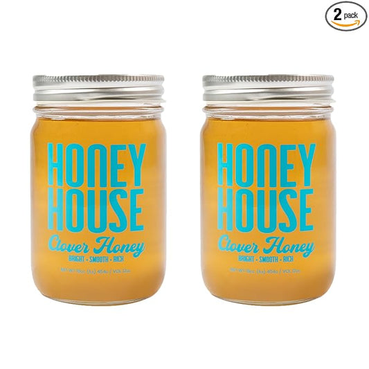 Honey House 100% Raw Clover | Pure & Unfiltered | Premium American-Sourced Natural Sweetener | 12oz Glass Jar | Nutrient-Rich | No Additives - (2 Pack)