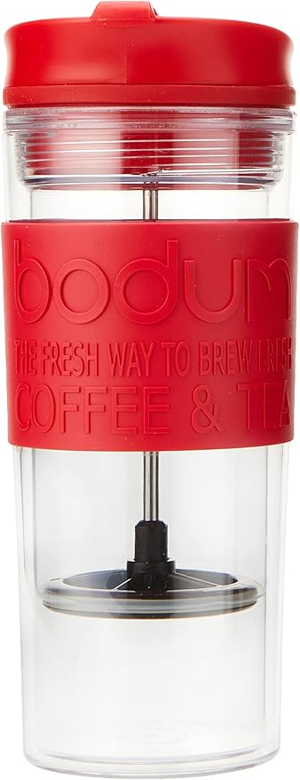 Bodum Insulated Plastic Travel French Press Coffee and Tea Mug, 0.45 L, 15oz, Red