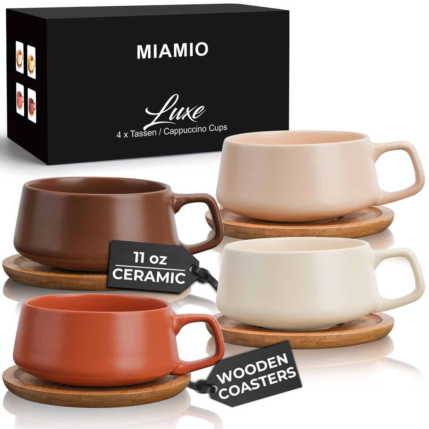 MIAMIO - Cappuccino Cup Set of 4, Ceramic (9.5oz) - Luxe (Beige Pastel)