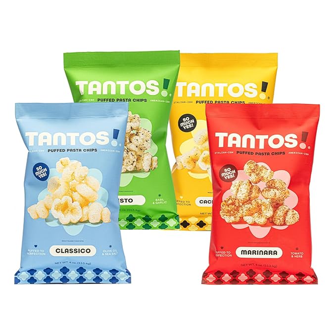 Tantos! Puffed Pasta Chips ??Healthy Pasta Snack by Top Chef Joe Sasto ??Plant-Based, Low Calorie, Crunchy Chips ??Variety Pack ??Marinara, Pesto, Cacio e Pepe, Classico ??Gourmet Bold Flavors (1oz-24 Pack (6 of Each Flavor), Variety)