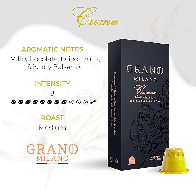 Grano Milano Crema - 50 Espresso Pods Compatible with Nespresso Original line, 100% Arabica Medium Roast - Intensity 8/12, Espresso Coffee Capsules Made in Italy