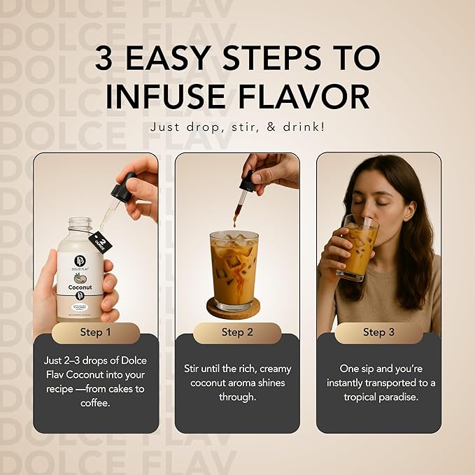 Dolce Flav Natural Coconut Extract ??2 Ounce Water-Soluble Kosher, Sugar-Free, Concentrated Tropical Coconut Flavoring for Baking, Beverages & Desserts, Includes Measured Dropper