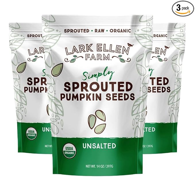 Lark Ellen Farm Sprouted Organic Pumpkin Seeds, Unsalted Raw Pumpkin Seeds Organic, Pepitas, Vegan, Non GMO, Gluten Free, Paleo, and Keto Friendly (14 oz, 3 Pack)