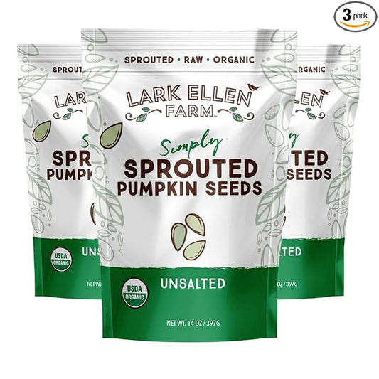 Lark Ellen Farm Sprouted Organic Pumpkin Seeds, Unsalted Raw Pumpkin Seeds Organic, Pepitas, Vegan, Non GMO, Gluten Free, Paleo, and Keto Friendly (14 oz, 3 Pack)