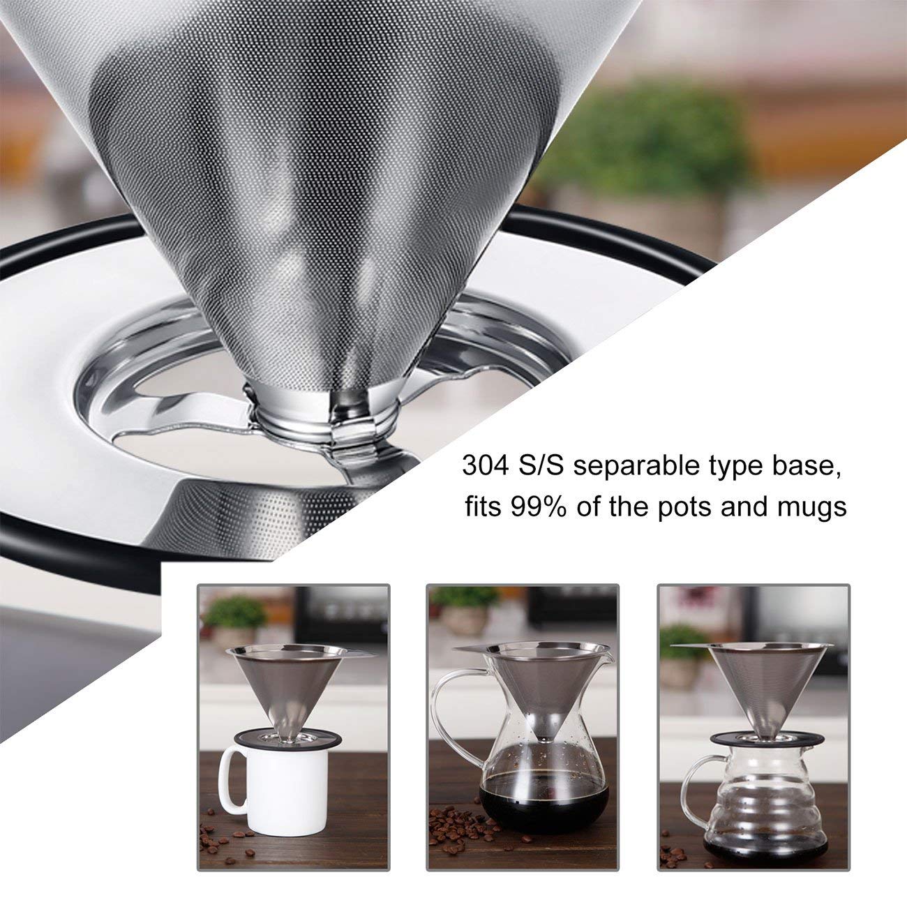 LHS Pour Over Coffee Dripper Stainless Steel Coffee Filter Metal Cone Filter Paperless Reusable
