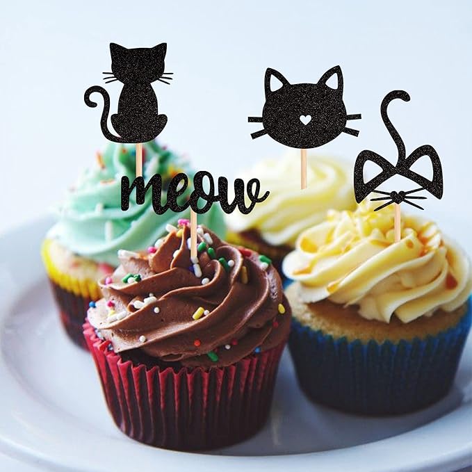 24 Pack Cat and Meow Cupcake Toppers Black Glitter Kitten Cat Cupcake Food Picks Cat Lover Kitten Theme Baby Shower Kids Birthday Wedding Party Cake Decorations Supplies