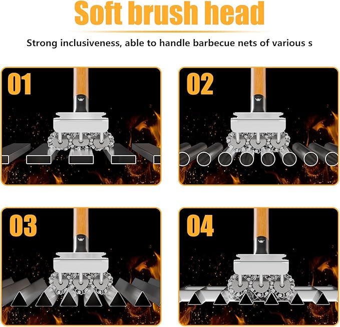 HOUSE AGAIN Grill Brush Bristle Free, 304 Stainless Steel Food-Grade Brush Head with Scraper, Safe BBQ Outdoor Grill Cleaning Brush Strong Barbecue Brush Cleaner Non Wire for Grill Grate/Wooden Handle
