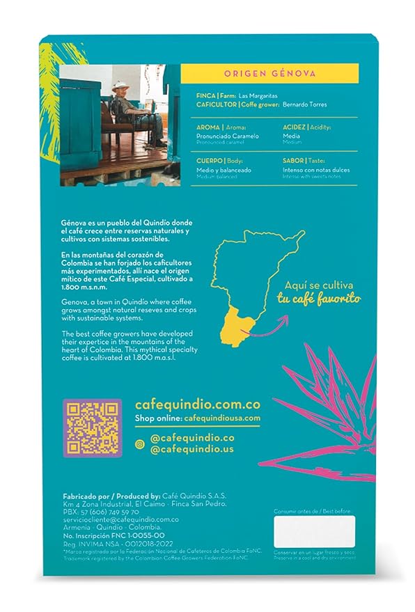 Cafe Quindio Genova Single Origin - Medium Roast 100% Colombian Excelso Whole Bean Arabica Coffee - 12 Ounce Bag (340g)