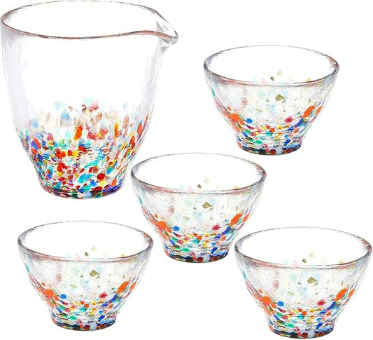 ADERIA Tsugaru Vidro Sake Glasses and Glass Sake Carafe Set [Four Seasons]: 1 Sake Carafe and 4 Sake Cups in Gift Box (Handmade in Japan)