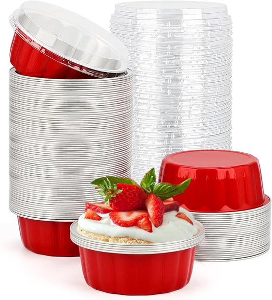 Beasea 8oz Disposable Ramekins, 100 Pack Aluminum Foil Cups with Lids, Baking Ramekin Cup Souffle Cup Muffin Cupcake Baking Cup Mini Pudding Cups for Party Wedding Birthday - Red