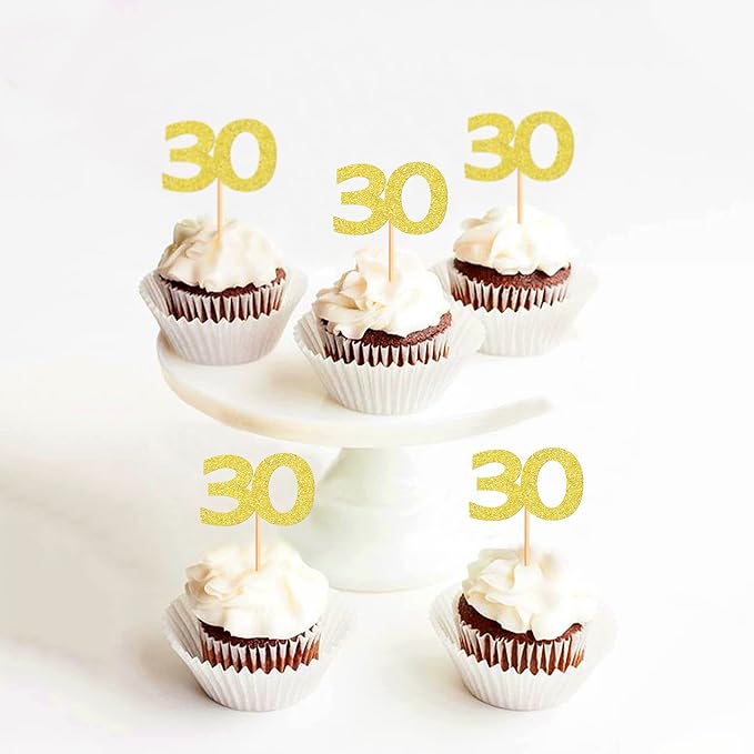 24PCS Gold Glitter 30th Birthday Cupcake Toppers Number 30 Birthday Celebrating Cake Decorations Supplies for Birthday Anniversary Party