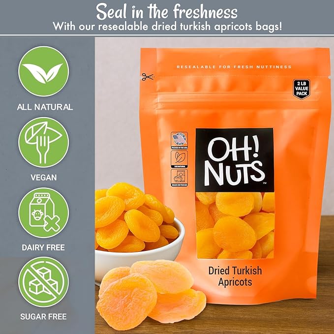 Oh! Nuts Dried Apricots Turkish - 2 lb - Dried Fruit - No Sugar Added - Dehydrated Fruit Bites - Packed in New York Zip-Seal Bag for Exceptional Freshness