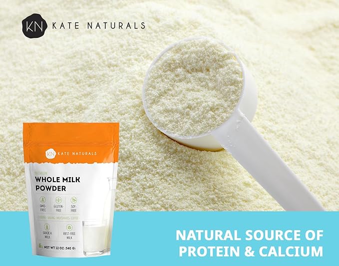 Kate Naturals Dry Whole Milk Powder for Baking, Coffee & Milkshakes (12oz) RBST-Free, Made in USA, Dried Powdered Substitute For Liquid Milk