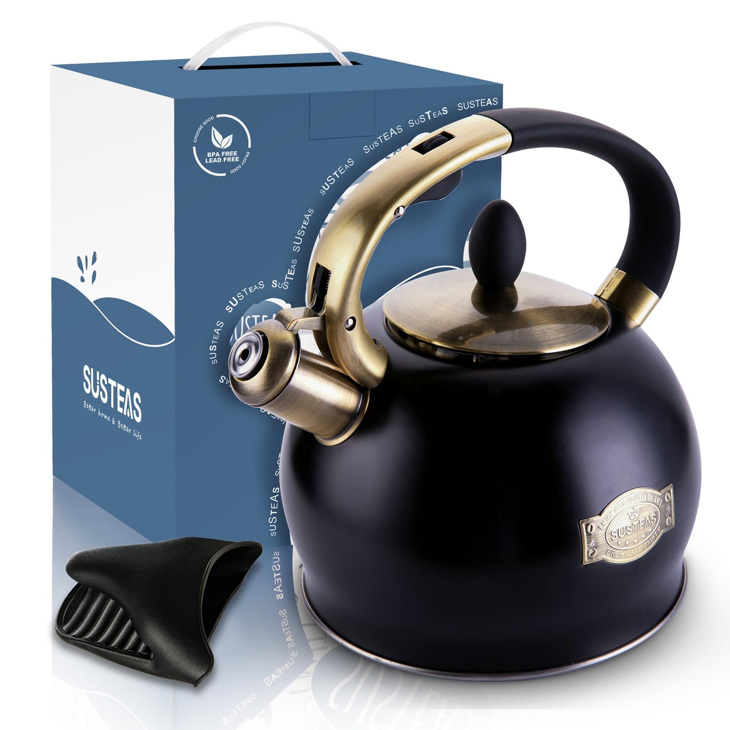 SUSTEAS Whistling Tea Kettle, 2.7QT Food-Grade Steel Teapot, BLACK