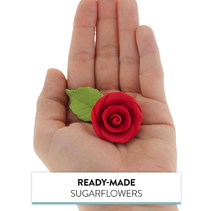 Global Sugar Art Premium Wedding & Party Edible Rose Cake & Cupcake Sugar Flowers, Red, 24 Count with Leaves by Chef Alan Tetreault