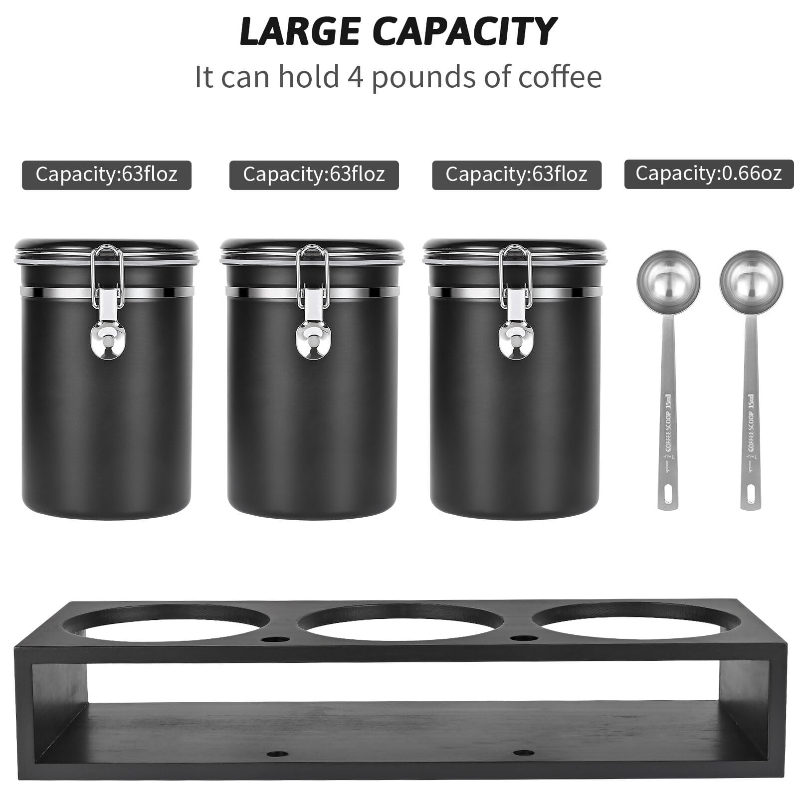 3×63OZ Stainless Steel Coffee Container with Shelf and Scoop for Coffee Bar