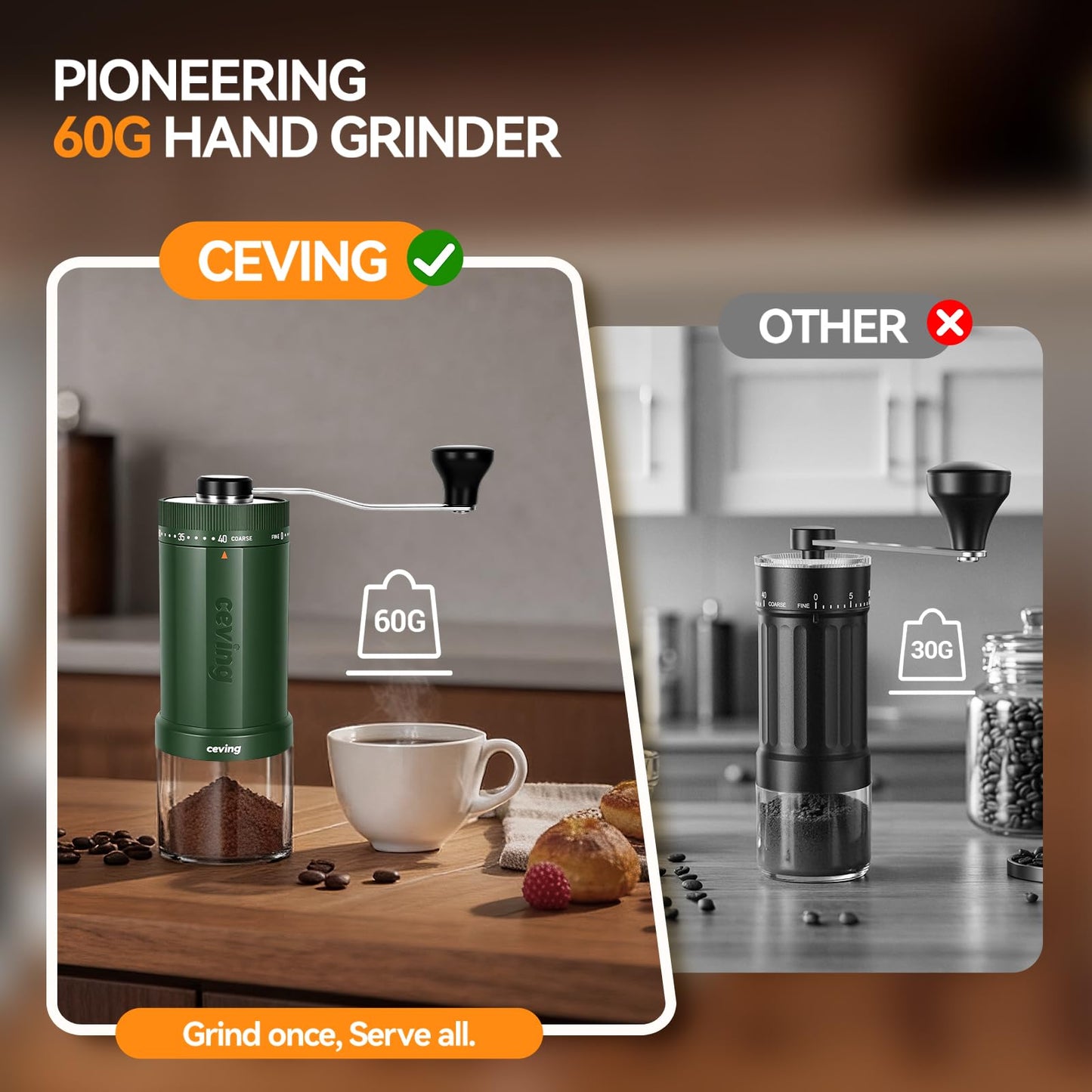CEVING World's First 60g Large Capacity Manual Coffee Grinder, Green