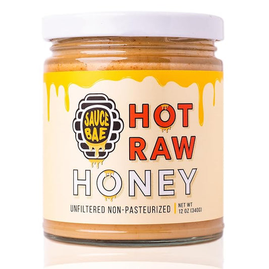 Sauce Bae Hot Raw Honey - Unfiltered & Unpasteurized, 100% USA White Clover, Perfect for Charcuterie & Sandwiches - 12 Oz