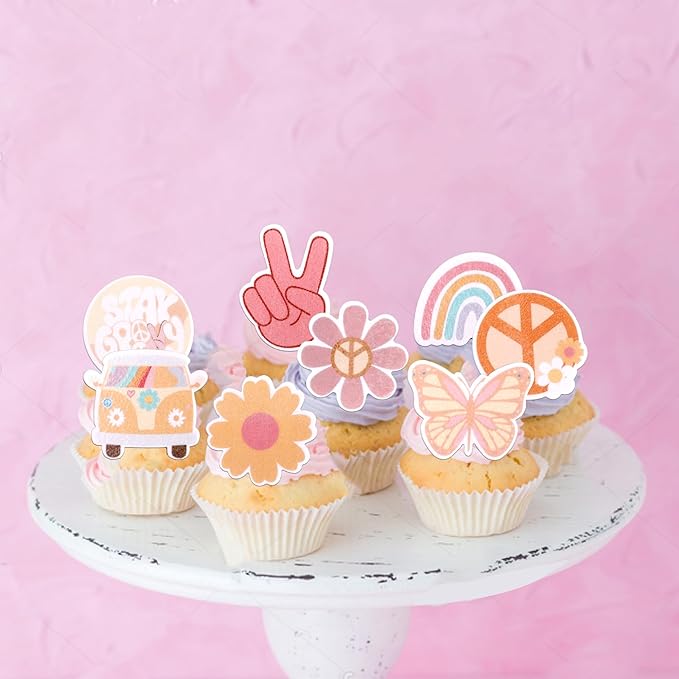 63 PCS Edible Hippie Party Cupcake Toppers Peace Sign Hand Butterfly Two Groovy Cupcake Picks Dasiy 60s Retro Boho Cake Decorations for Hippie Two Groovy Carnival Theme Birthday Party Supplies