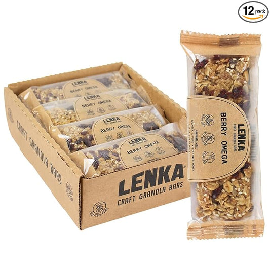 Lenka Bars - Berry Omega Snack Bars, Gluten Free, High Fiber, Kosher, Wholesome, No Artificial Flavors, Individually Wrapped - 12 Pack