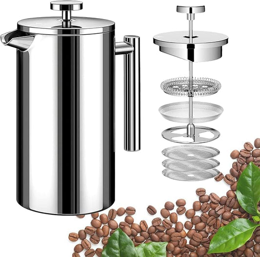 Small French Press Coffee Maker - Small 12oz/350ml Single Cup Metal French Press(1 Cup), Stainless Steel Double Wall Insulated Coffee & Tea Maker w/ 3 Extra Screens + 1 Spoon (Silver), Dishwasher Safe