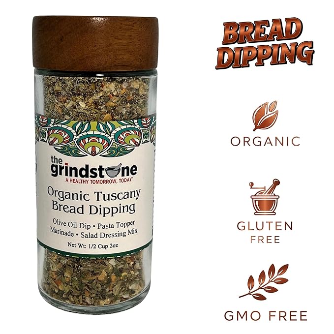 The Grindstone, Organic Tuscany bread dipping mix, perfect seasoning spice with extra virgin olive oil, bread, pasta topper, 2 oz. glass bottle with sifter, Pack of 2