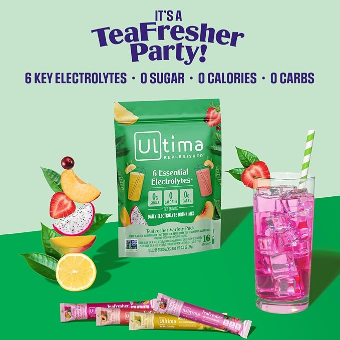 Ultima Replenisher TeaFresher Daily Electrolytes Powder and Instant Tea Mix ??Sugar Free ??Variety Pack, 16 Stickpacks - Hydration Packets with 4 Fruit and Tea Fusions, 6 Key Electrolytes