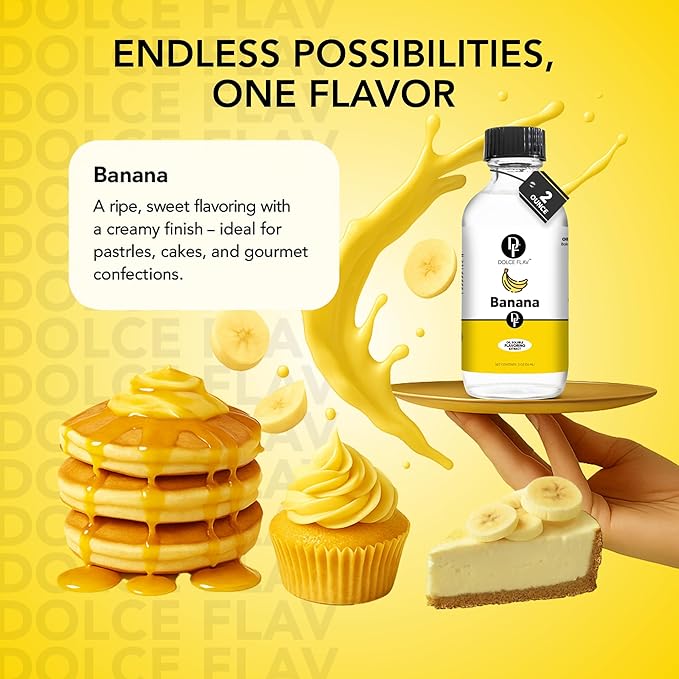 Dolce Flav Banana Extract ??2 Ounce Oil-Soluble Kosher, Sugar-Free, Concentrated Ripe Banana Flavoring for Baking, Smoothies & Ice Cream, Includes Measured Dropper