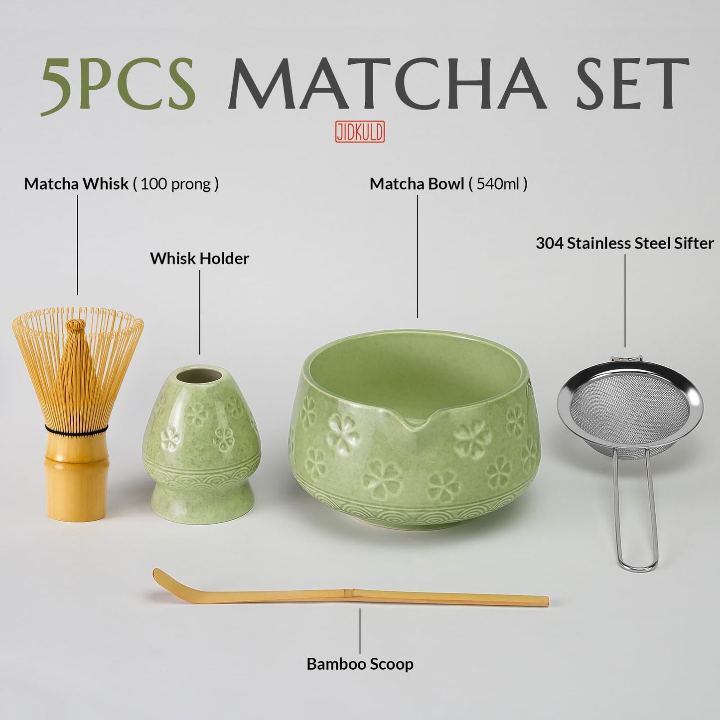 Jidkuld Matcha Whisk Set, Matcha Kit Gifts for Matcha Lovers, Mottled Green