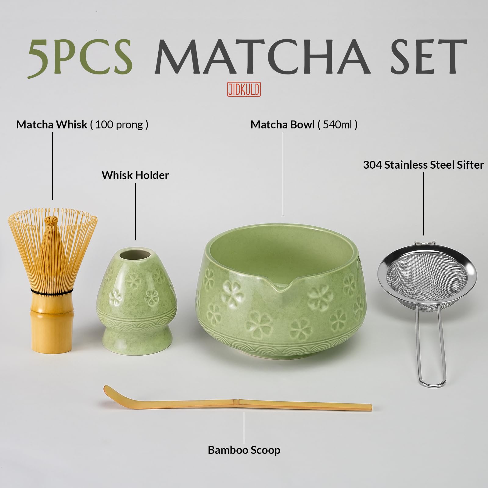 Jidkuld Matcha Whisk Set, Matcha Kit Gifts for Matcha Lovers, Mottled Green