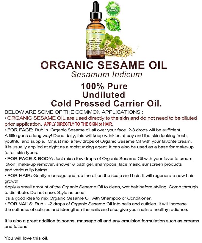 Organic SESAME SEED OIL 100% Pure Natural Virgin Unrefined Undiluted Cold Pressed Carrier Oil for Face, Skin, Body, Hair, Massage, Nails. 2 Fl. oz - 60 ml by Botanical Beauty