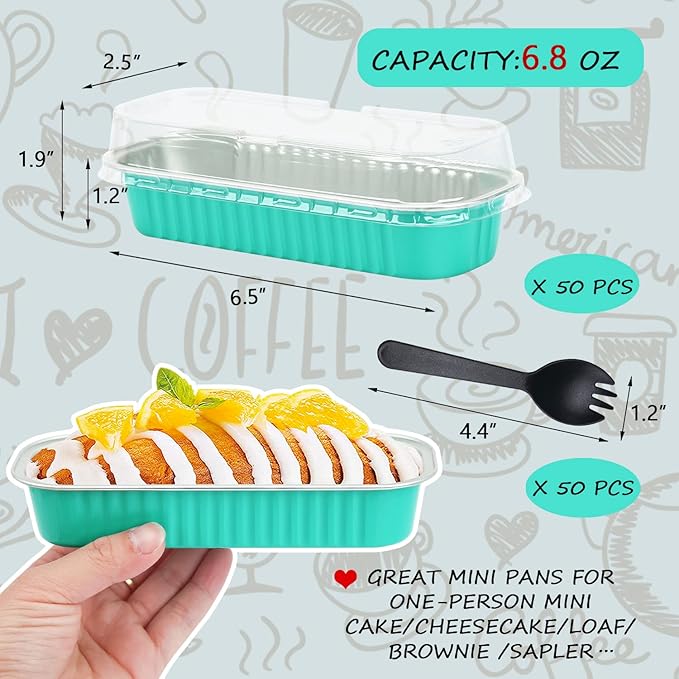 LNYZQUS Aluminum Foil Mini Loaf Pans With Lids 50 Pack, 6.8oz Rectangle Baking Cups Muffin Tins,Disposable Baking Tins Mini Baking Pans Holders -Cyan Blue