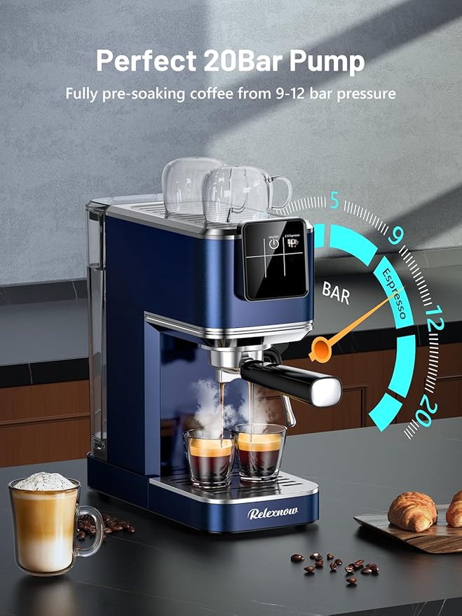 Espresso Machine, 20 Bar Espresso Maker Milk Frother & LCD Panel, Hot & Iced Coffee Machine, Stainless Steel Espresso Coffee Machine with 41oz Water Tank for Cappuccino, Latte