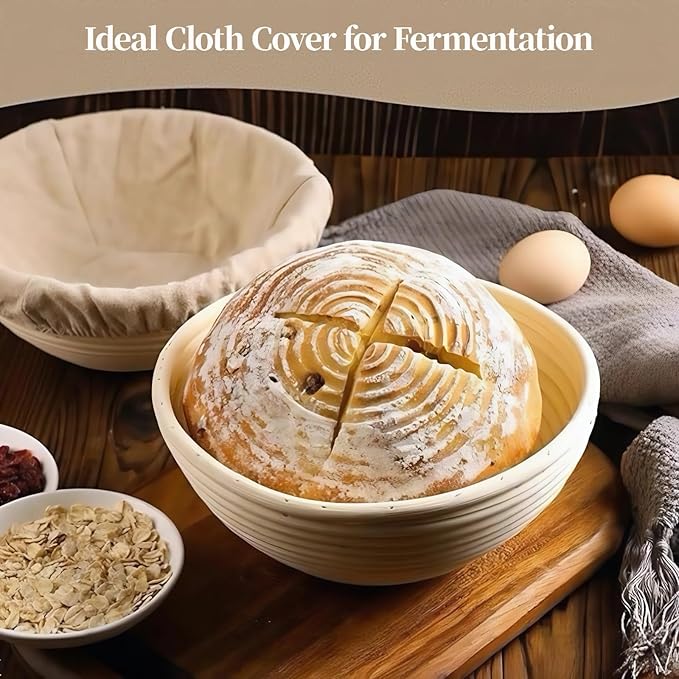 Natural Cotton Bread Proofing Basket Liner, 10 Inch Round, 6 Pack, Banneton Dough Bowl Cover for Baking, Compatible with Rattan Banneton Proofing Basket (Liners Only)