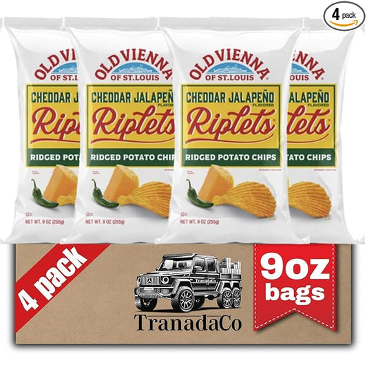 Old Vienna of St. Louis Cheddar Jalepeno Flavored Riplets Ridged Potato Chips 9oz Bags (4 Pack) by TranadaCo