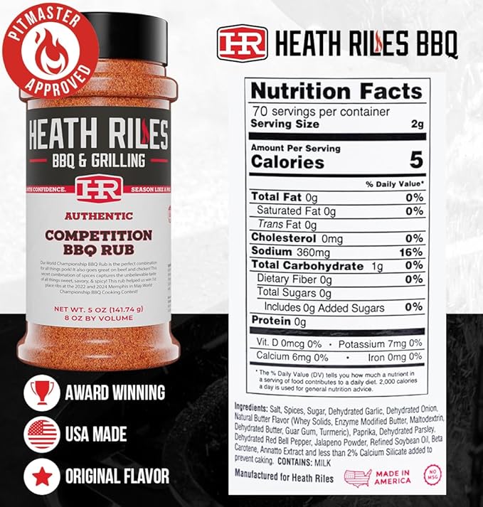 Heath Riles BBQ Rub - Competition Seasoning, Champion Pitmaster Recipe, Legendary BBQ Rubs For Smoking & Grilling, 70+ BBQ Championships, 8 oz.