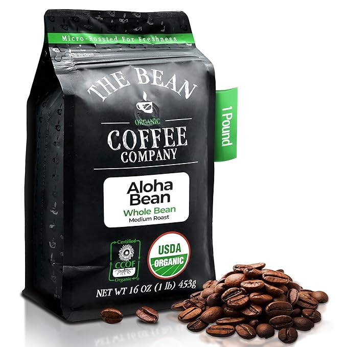The Bean Organic Coffee Company Aloha Bean (Hawaiian Hazelnut), Medium Roast, Whole Bean Coffee, 16-Ounce Bag