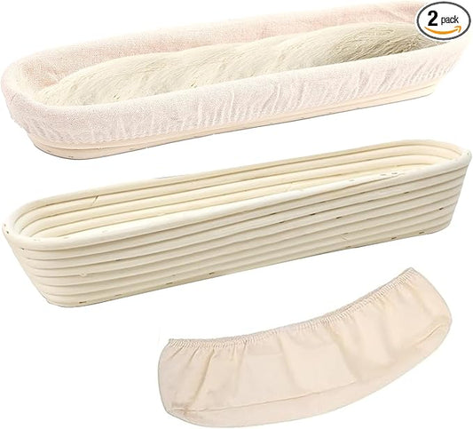 Banneton Bread Proofing Basket - 15 Inch Baguette Sourdough Bread Basket with Liner - Set of 2- Natural Rattan