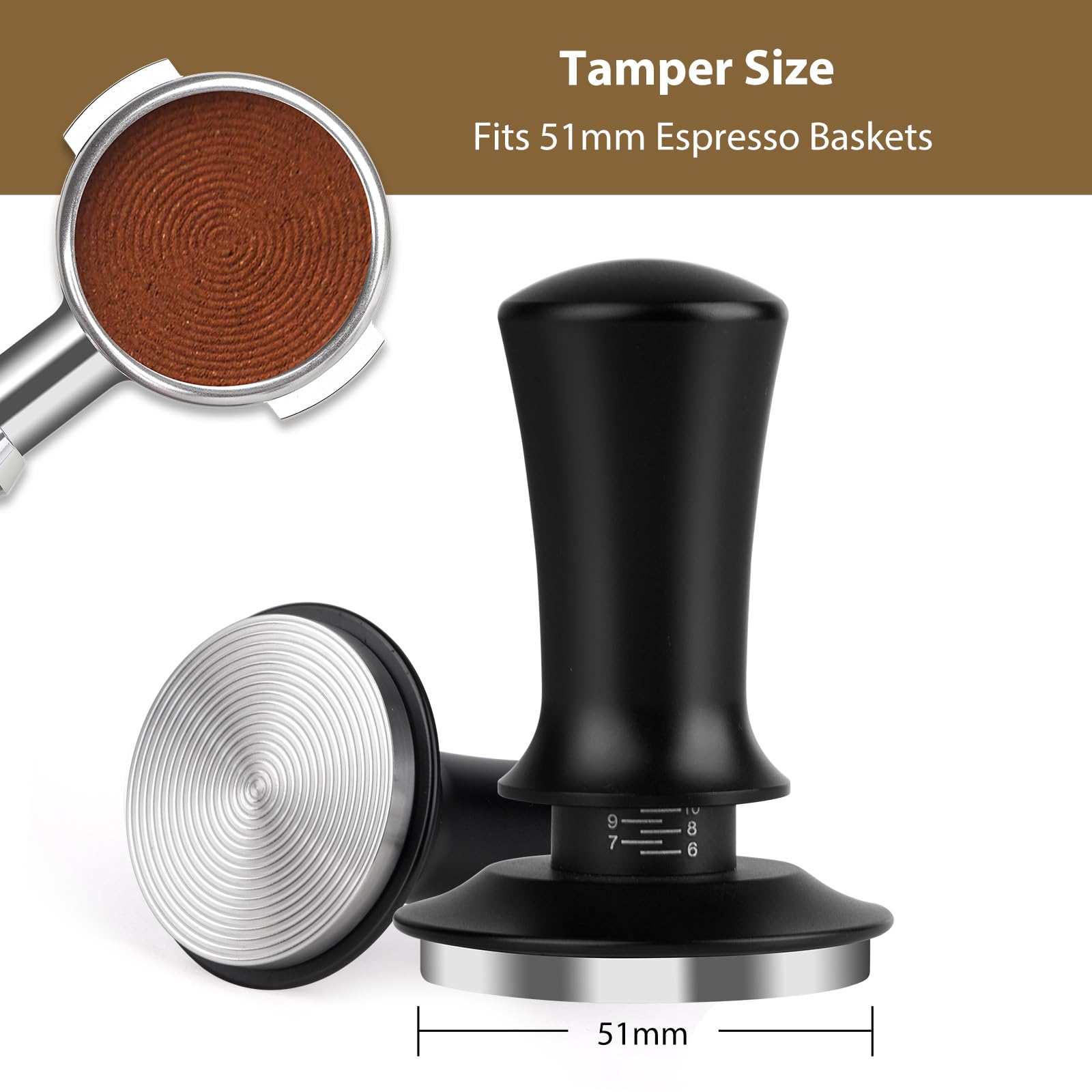 Attsky 51mm Spring Loaded Depth Adjustable Espresso Tamper for Portafilter