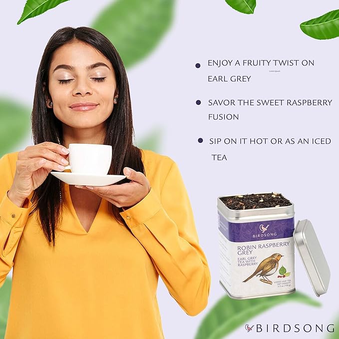 Birdsong Robin Raspberry Grey - Organic Black Tea with Citrus Notes, Caffeinated English Breakfast Earl Grey Assam Tea with Raspberry, 100% Natural Sweet, 18 Non-GMO Plant-Based Pyramid Tea Bags