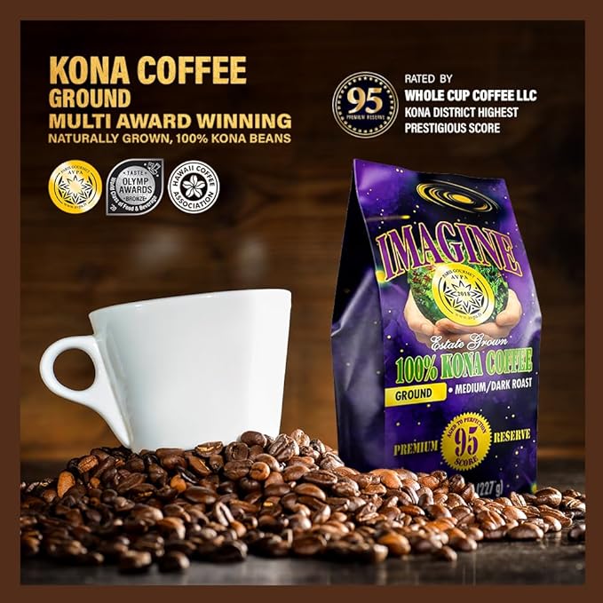 Imagine Kona Organic Coffee Beans | Arabica Kona Beans | Top Grade Air Roasted | Medium Dark Roast | Organic Whole Bean (Ground, 8 ounce)