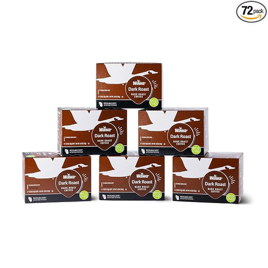 Wawa Dark Roast Single Cup Coffee Pods, 72 Pods, 6 Boxes, Full Bodied Blend, Spicy & Smoky Notes, Single Serve, Bold & Complex, 100% More Responsibly Sourced from Rainforest Alliance Certified Farms
