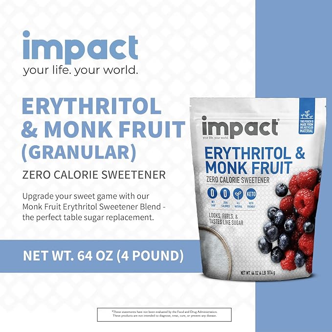 Impact White Monk Fruit & Erythritol Sweetener Blend - Gluten Free, Zero Calories, Net Carbs, Keto, Vegan, Non-GMO - 1 is to 1 Sugar Substitute - 4lbs