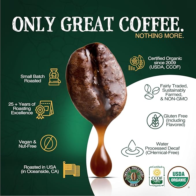 The Bean Organic Coffee Company Water Processed DECAF California Blend, Medium Roast, Whole Bean Coffee, 16-Ounce Bags (Pack of 2)