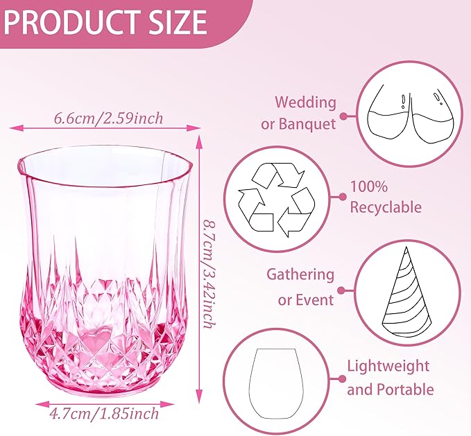 24 PCS Pink Unbreakable Stemless Wine Glasses，9OZ Vintage Colored Plastic Reusable Cups Drinking Glass Goblets Tumblers for Whisky, Beer, Juice, Beverages, Cocktail