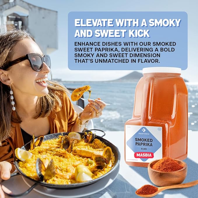 Dependable Food Smoked Sweet Paprika -6 Lb. Jar - Spanish, Bulk, Kosher Paprika Seasoning for Chefs & Culinary Enthusiasts - Natural, Non-GMO - Adds Smoky & Sweet Flavor to Grilled Meats, Paella, Roasted Vegetables, Stews & More - Allergen Free