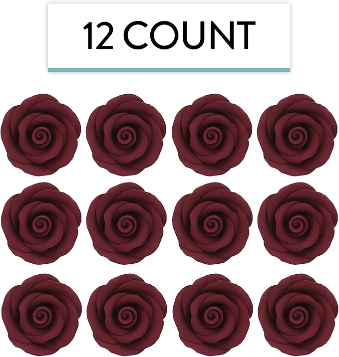 Global Sugar Art Premium Edible Roses, Burgundy, Unwired, Medium 1.5 inches, 12 Count by Chef Alan Tetreault